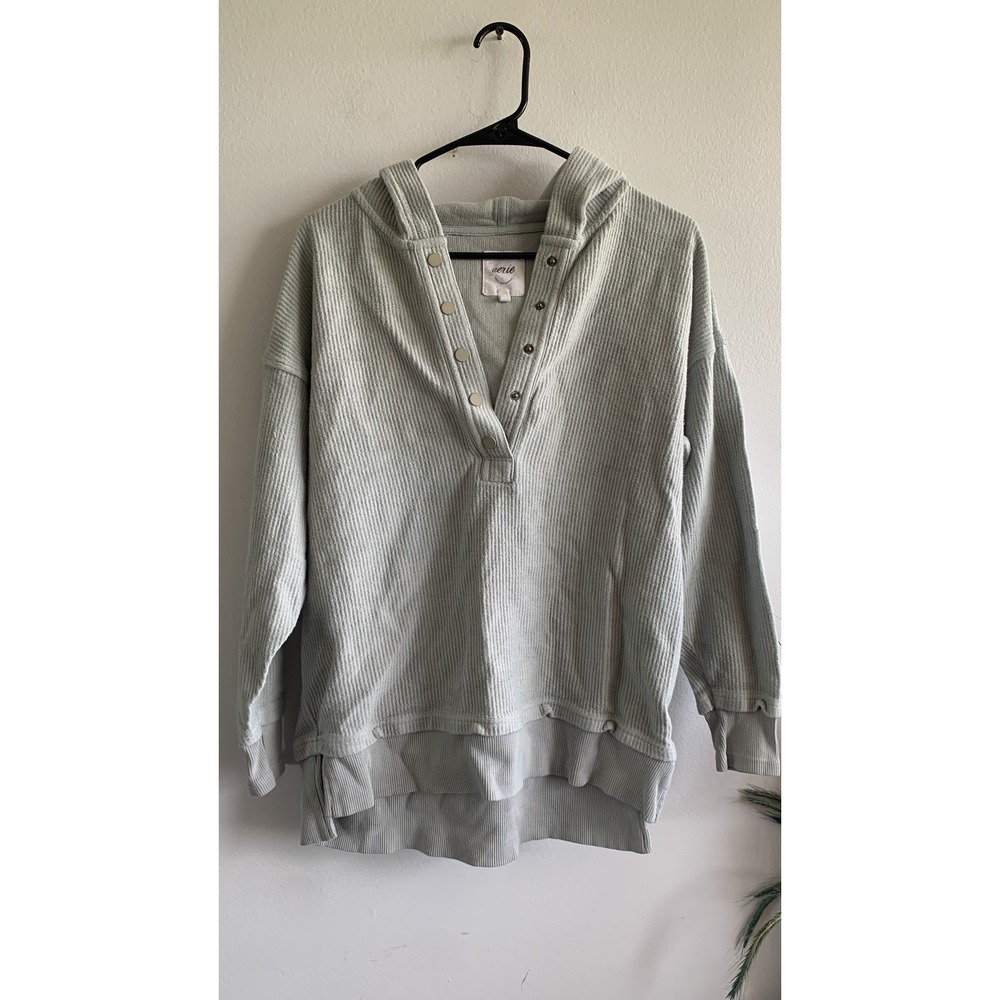 Aerie Women Sage Green Waffle Knit Henley Hoodie Oversized Pullover Snap Neck